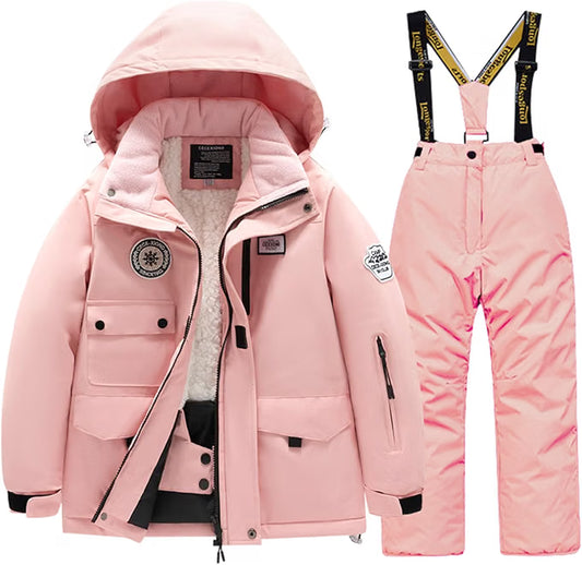 Kids’ Winter Ski Suit – Insulated Snowboarding Jacket & Pants Set for Boys & Girls, Pink, Ages 11–12