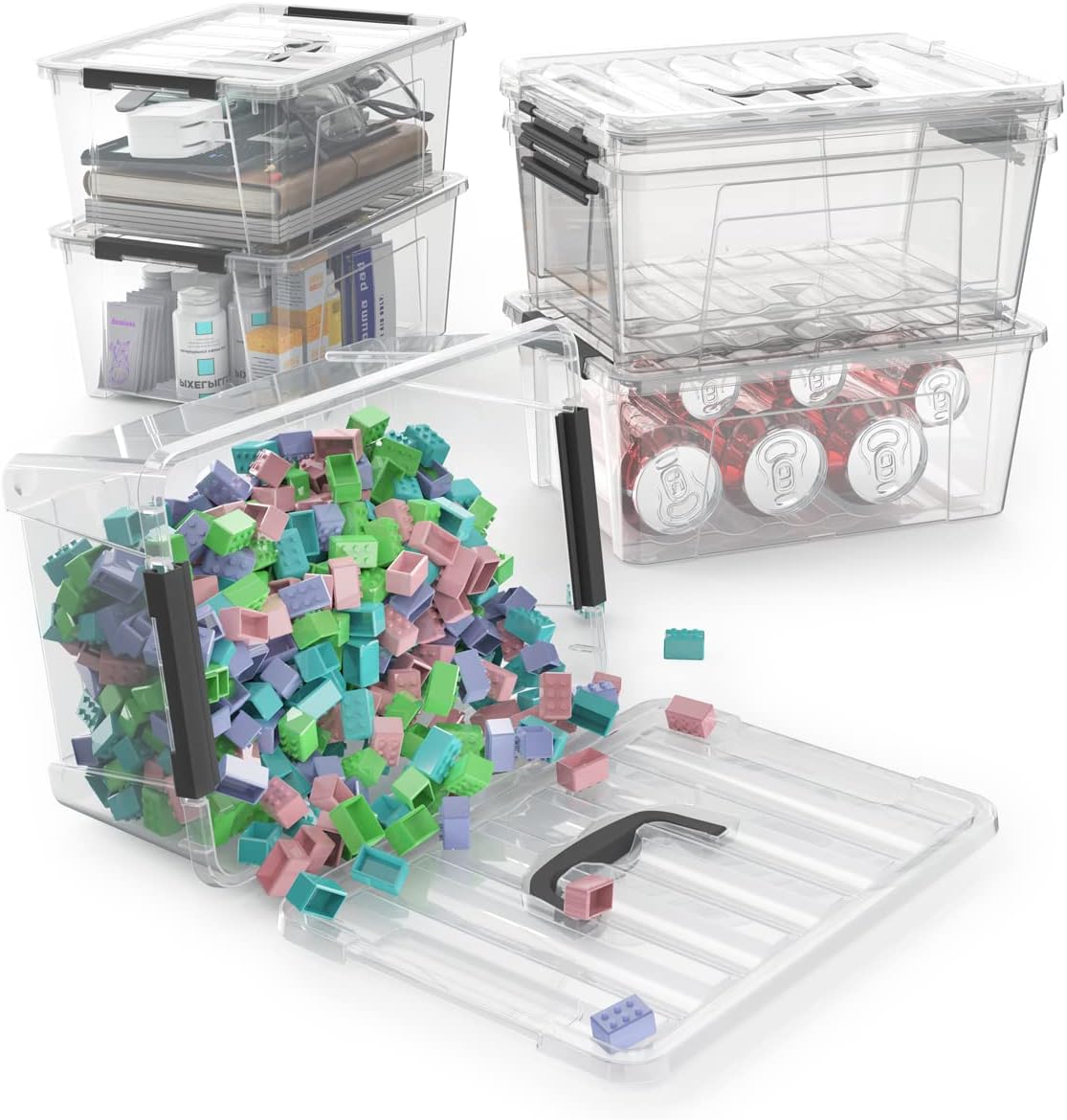 6-Pack Clear Storage Latch Bins - 5-Litre Organizer Boxes with Handles and Lids