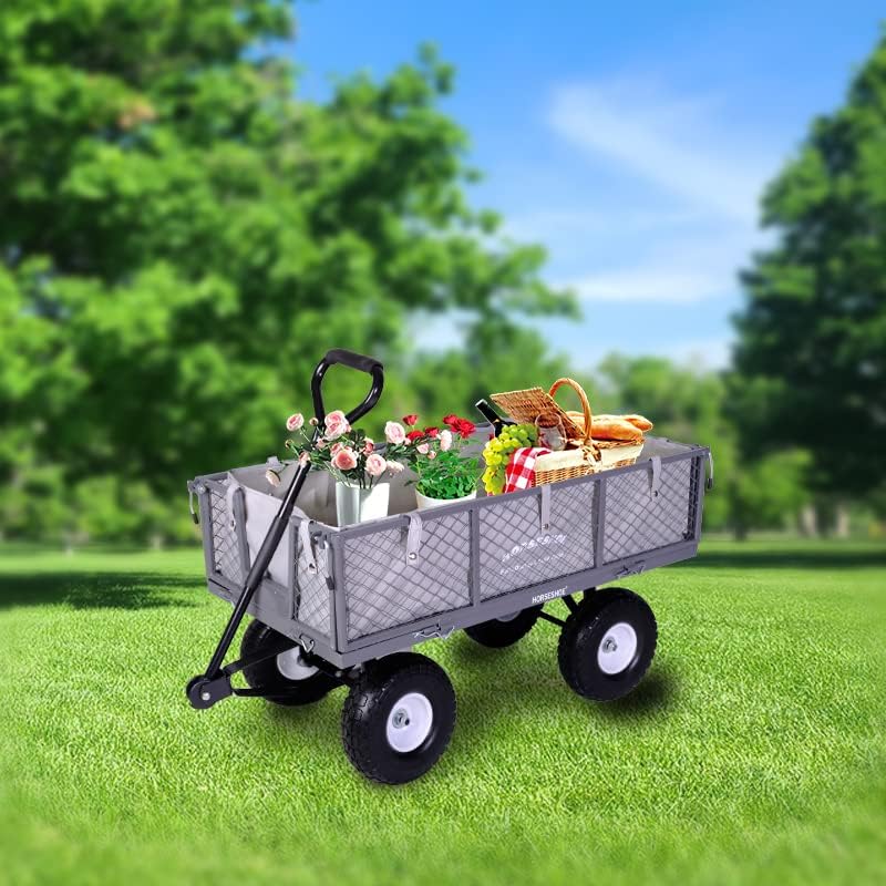 Heavy-Duty Steel Mesh Garden Cart Utility Wagon – 880 lb Capacity with Never-Flat Tires, Removable Sides & Liner, Gray