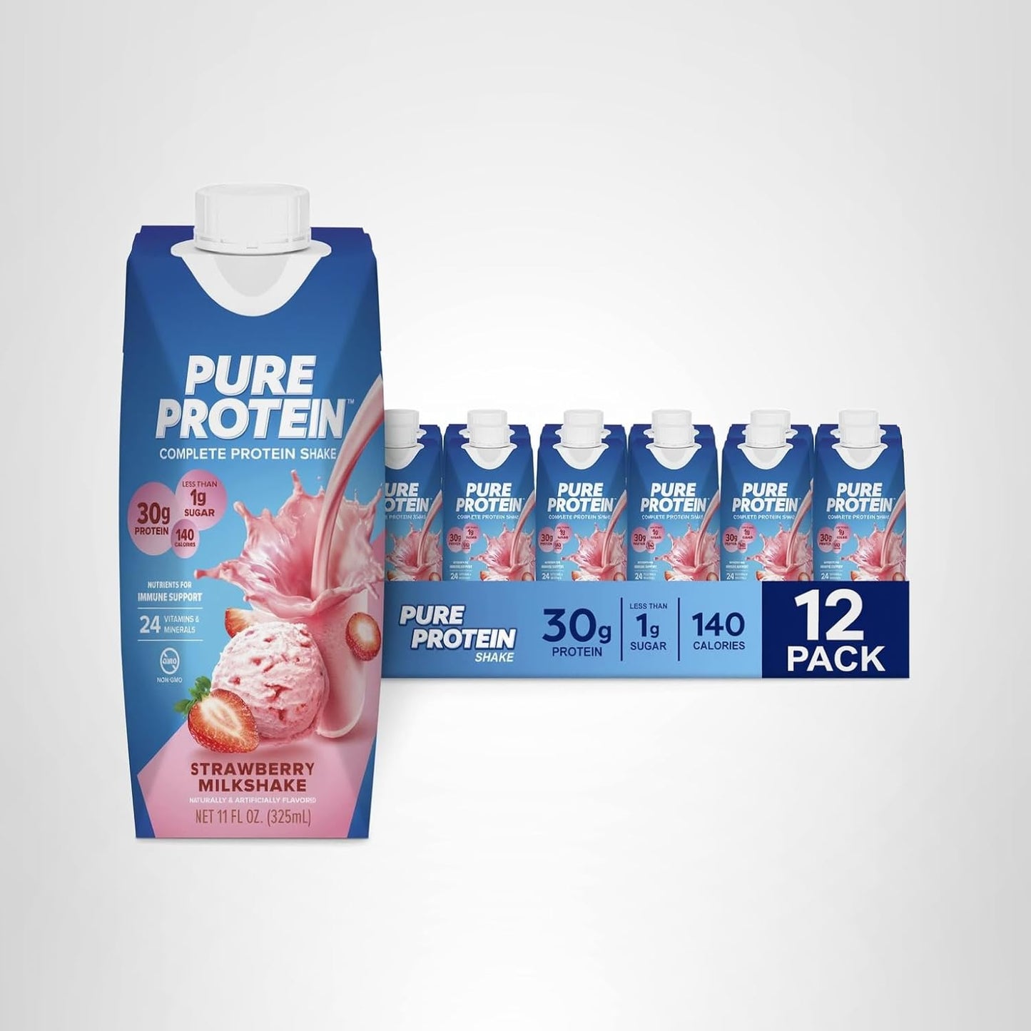 Pure Protein Strawberry Protein Shake – 30g Protein, Keto-Friendly, 11oz Bottles (12 Pack)