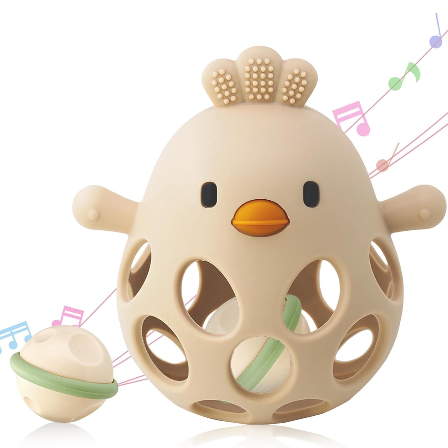 2-in-1 Baby Teething Rattle – Food-Grade Silicone Sensory Teether (Beige, BPA-Free, 3–12 Months)