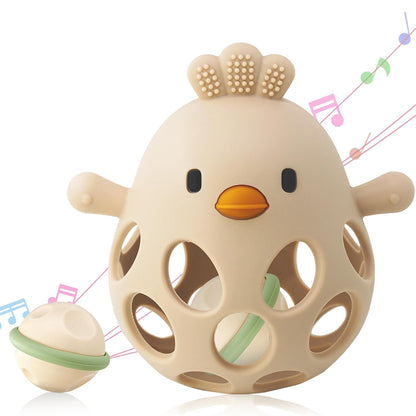 2-in-1 Baby Teething Rattle – Food-Grade Silicone Sensory Teether (Beige, BPA-Free, 3–12 Months)