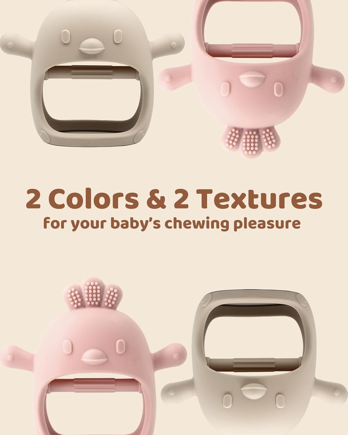 2-Pack Baby Teething Mittens – Pink & Caramel, BPA-Free Silicone Anti-Drop Wrist Teethers (3+ Months)