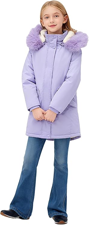 Girls’ Winter Puffer Jacket – Thick Warm Hooded Parka for Cold Weather (Purple, Ages 11–12)