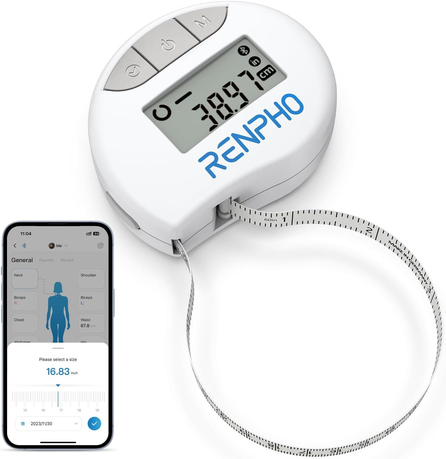 Smart Body Measuring Tape – Bluetooth Fitness Tape for Weight Loss & Muscle Tracking (60in/150cm, White)