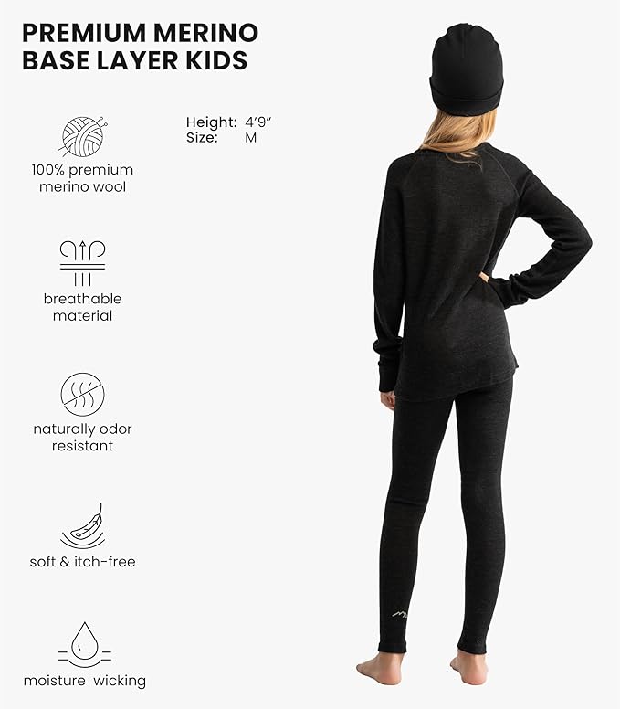 Kids’ Merino Wool Base Layer Set – Midweight Thermal Top, Bottom & Beanie (Medium)