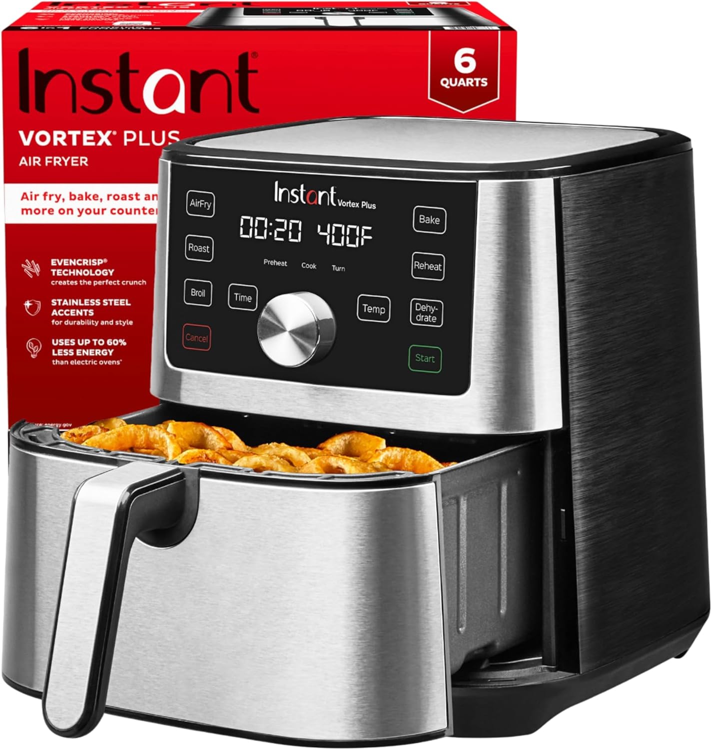 Air Fryer, 6-in-1 Functions Crisps, Custom Program Options, Stainless Steel