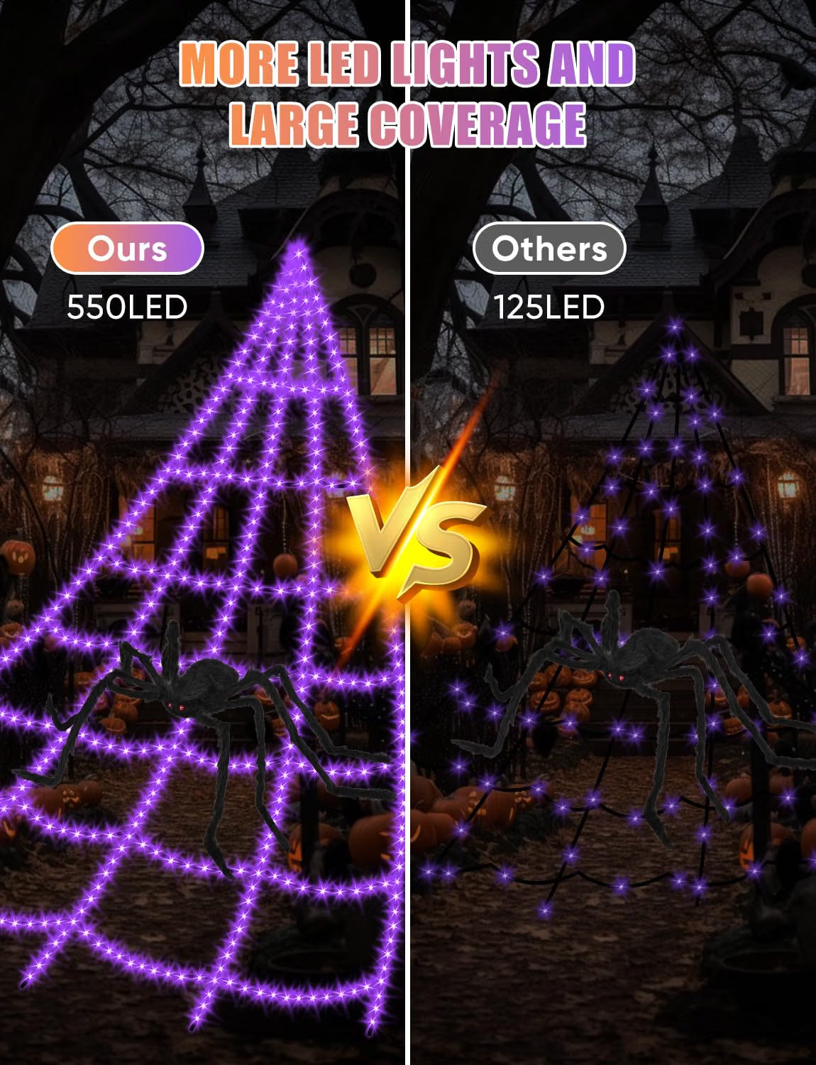 16.4 FT Halloween Spider Web Lights with Spider – 550 LED Waterproof Outdoor Yard Decoration with 8 Lighting Modes & Memory Function