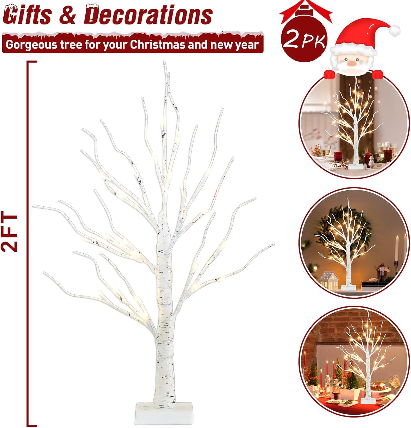 2-Pack 2FT LED Birch Trees with Timer for Indoor Christmas Decor