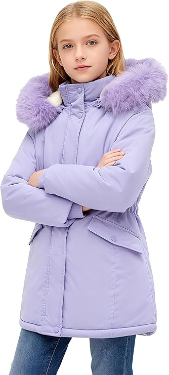 Girls’ Winter Puffer Jacket – Thick Warm Hooded Parka for Cold Weather (Purple, Ages 11–12)