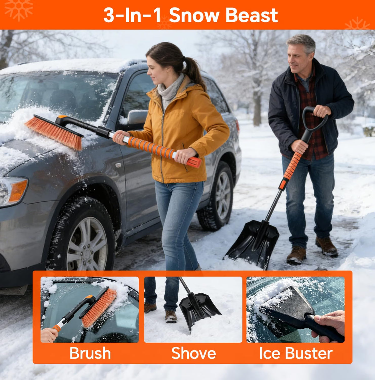 7-in-1 Extendable Snow Brush & Shovel Kit – 47.2" Ice Scraper with 360° Pivoting Head, Foam Grip & Glove for Cars