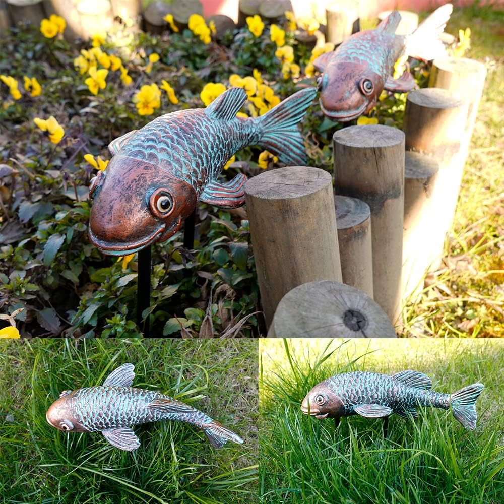 Antique Koi Fish Garden Statue – Outdoor Patio & Pond Sculpture for Backyard or Home Decor