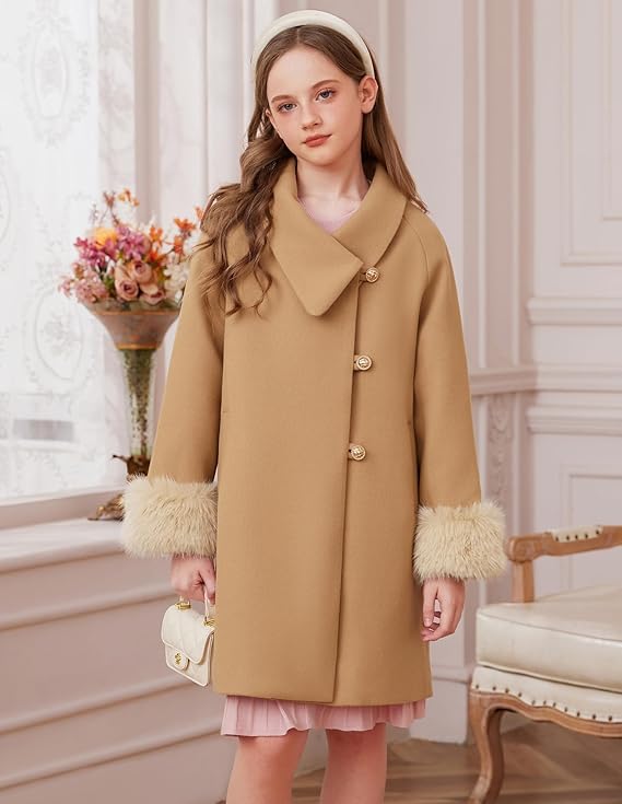 Girls’ Faux Fur Winter Dress Coat – Long Sleeve Jacket with Belt & Pockets (Khaki, Size 7)