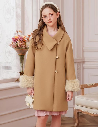 Girls’ Faux Fur Winter Dress Coat – Long Sleeve Jacket with Belt & Pockets (Khaki, Size 7)