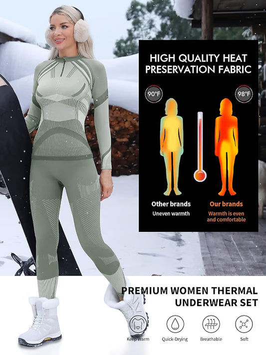 Women’s Thermal Underwear Set – Winter Long Johns Base Layer, White & Green, Size Medium