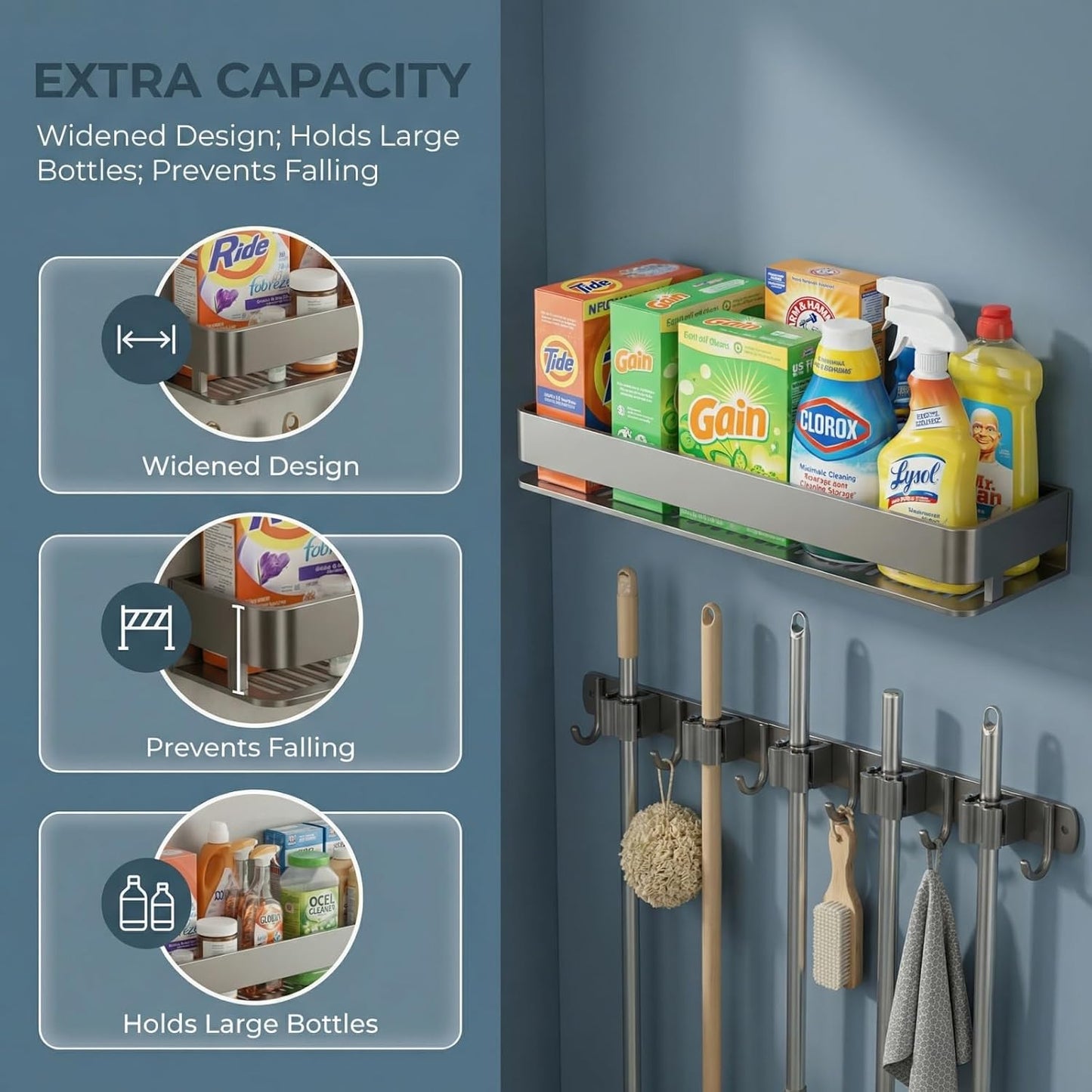 Wall Mount Organizer with Shelf & Heavy-Duty Hooks – Holder for Brooms, Mops, Vacuums & Cleaning Supplies – Garage, Laundry & Closet Storage