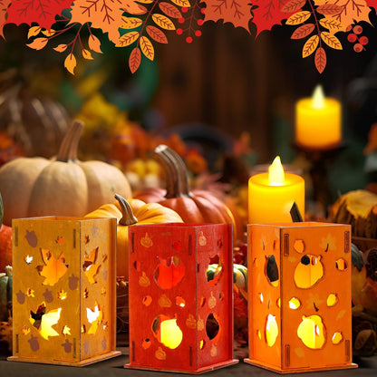 12-Set DIY Wooden Autumn Lantern Craft Kit – Fall Decorations with LED Candles for Kids & Thanksgiving Activities