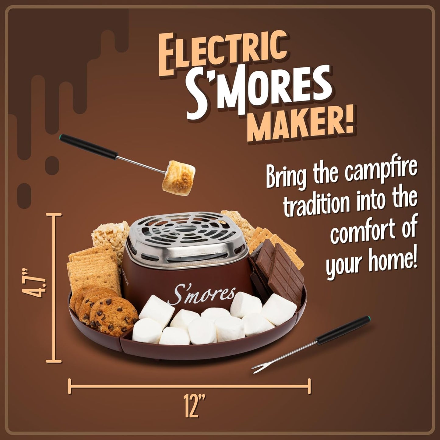 Tabletop Electric S’mores Maker Kit – Indoor Set with Roasting Sticks & 4 Trays (Brown)