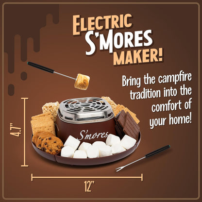 Tabletop Electric S’mores Maker Kit – Indoor Set with Roasting Sticks & 4 Trays (Brown)