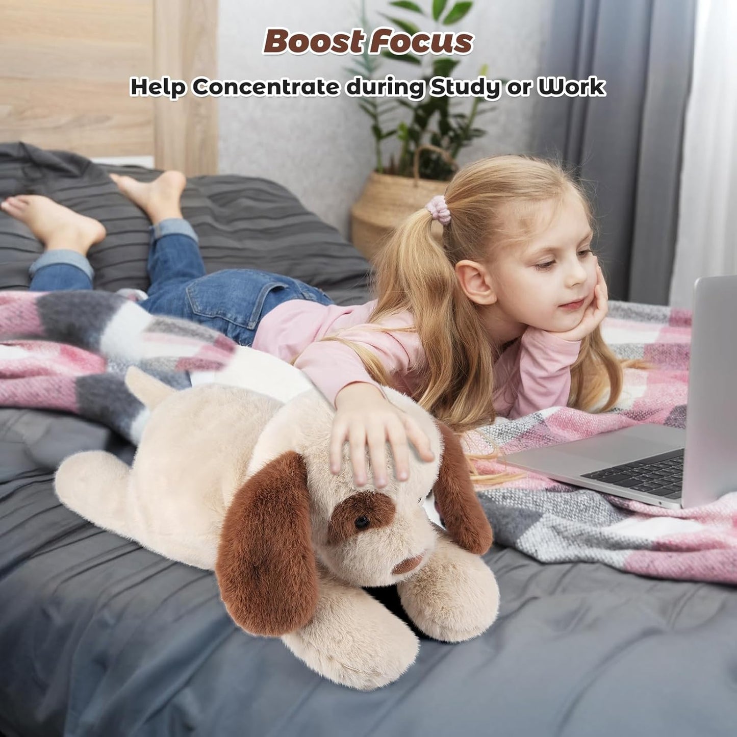 24" Weighted Dog Plush – 4.5 lb Adjustable Sitting/Laying Stuffed Animal with Removable Ceramsite Bag