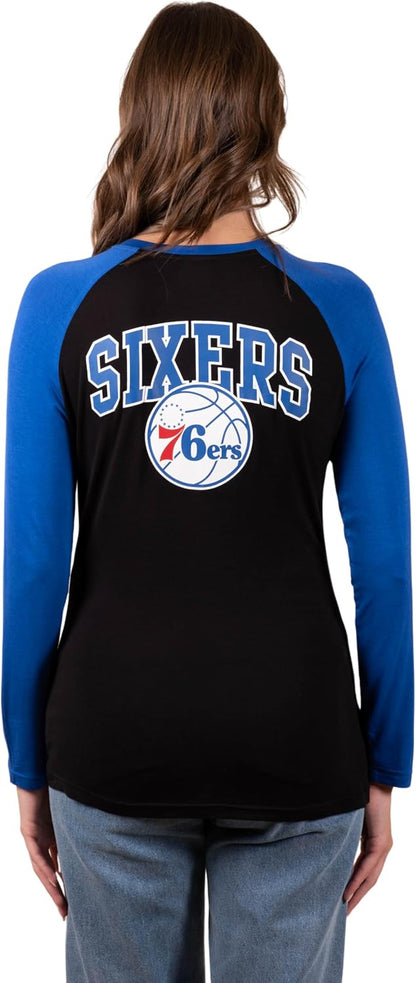 Women's Philadelphia 76ers Official NBA Super Soft Long Sleeve Lace-Up Shirt – Basketball Fan Top, Medium