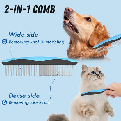 Pet Grooming Combo – Deshedding Brush & Metal Comb for Dogs & Cats with Long or Matted Fur – Blue
