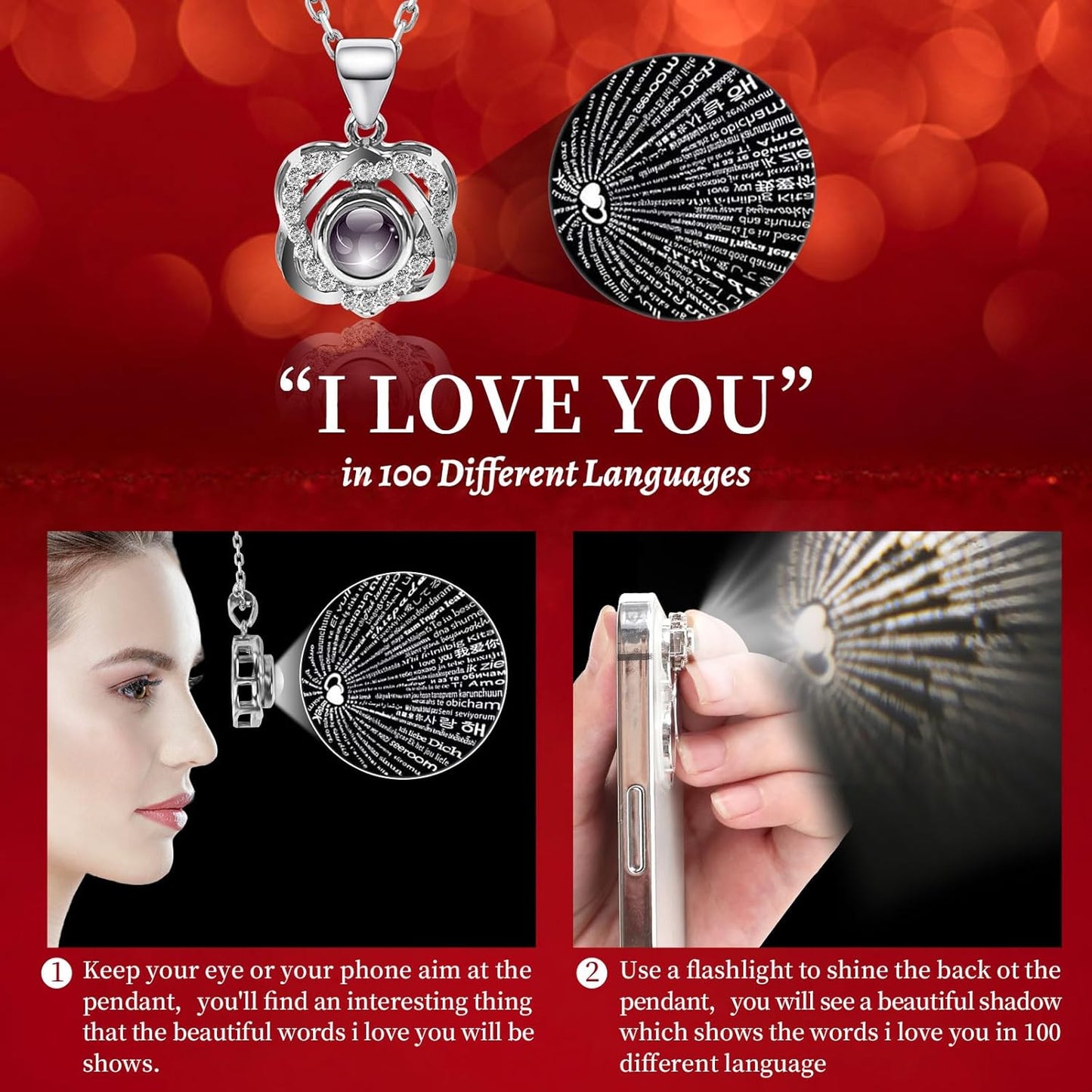 Preserved Red Real Rose with Heart I Love You Necklace, Romantic Gift for Women