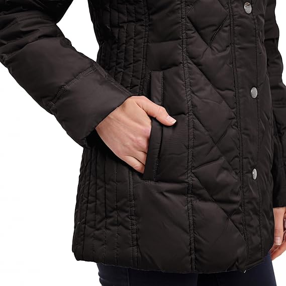 Women’s Diamond Quilted Down Coat – Lightweight with Detachable Fur Hood