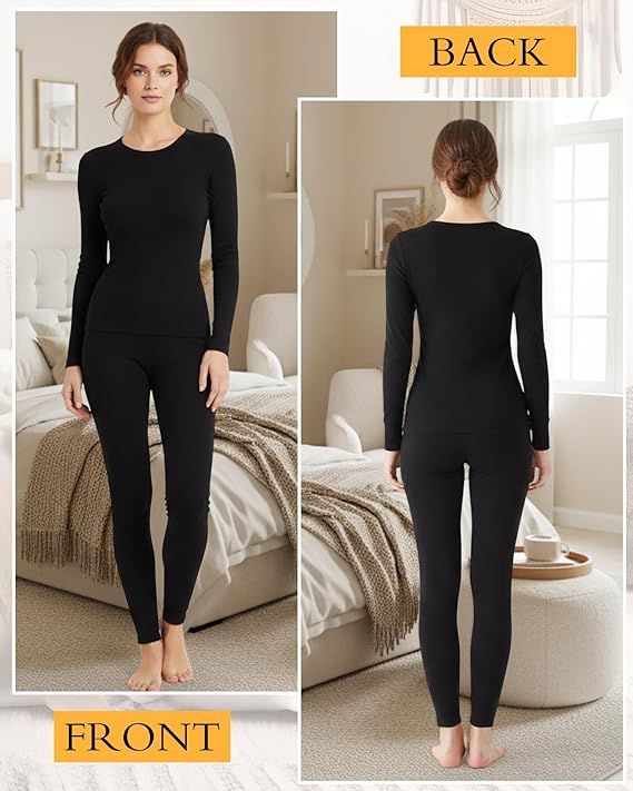 Patelai Women’s Thermal Underwear Set (2-Pack) – Soft Fleece-Lined Winter Base Layer Top & Bottom (Black/Dark Gray, XXL)