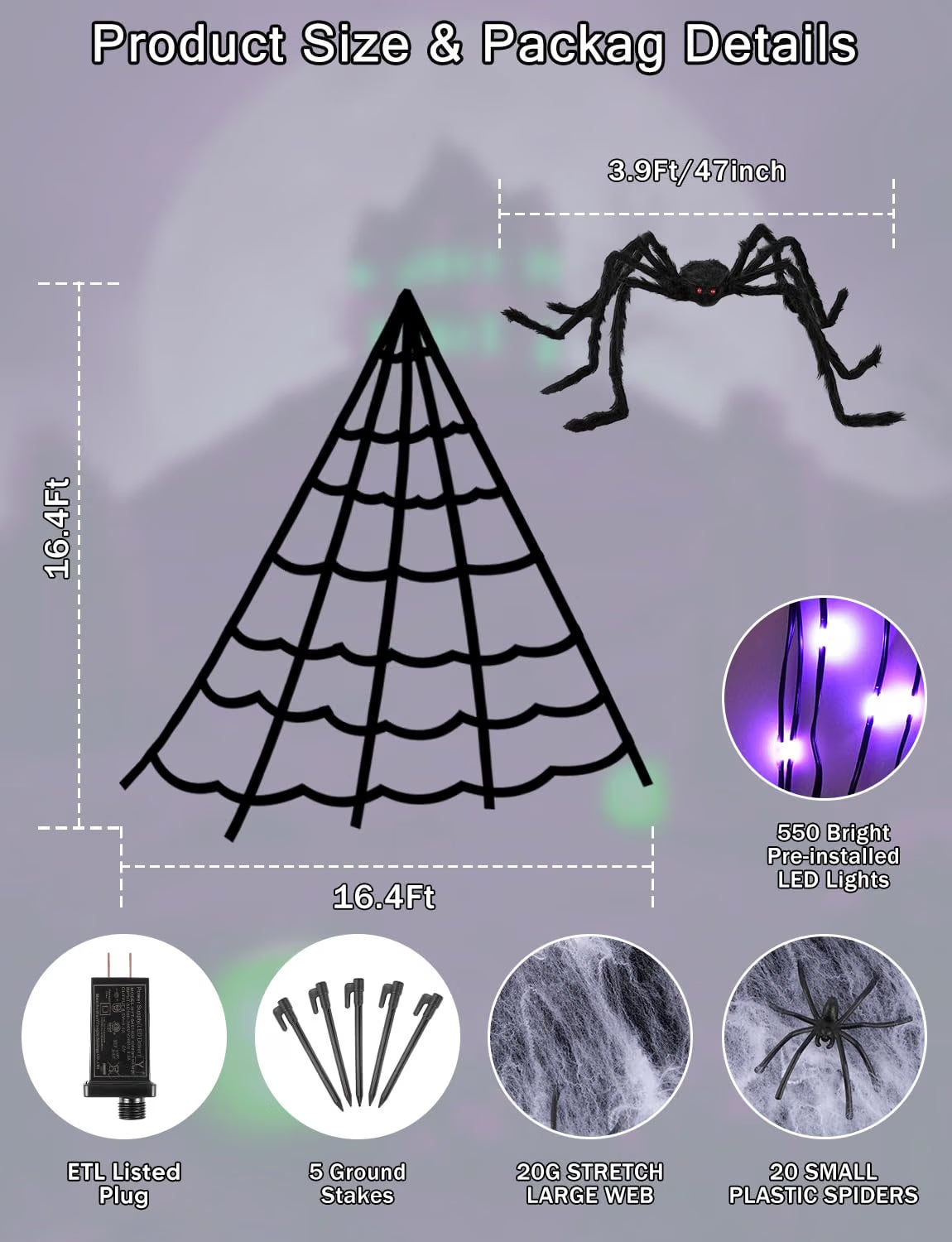 16.4 FT Halloween Spider Web Lights with Spider – 550 LED Waterproof Outdoor Yard Decoration with 8 Lighting Modes & Memory Function