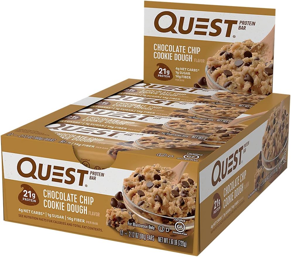 12-Count Quest Nutrition Chocolate Chip Dough Cookie Bars – 20g Protein, 1g Sugar, Keto Friendly