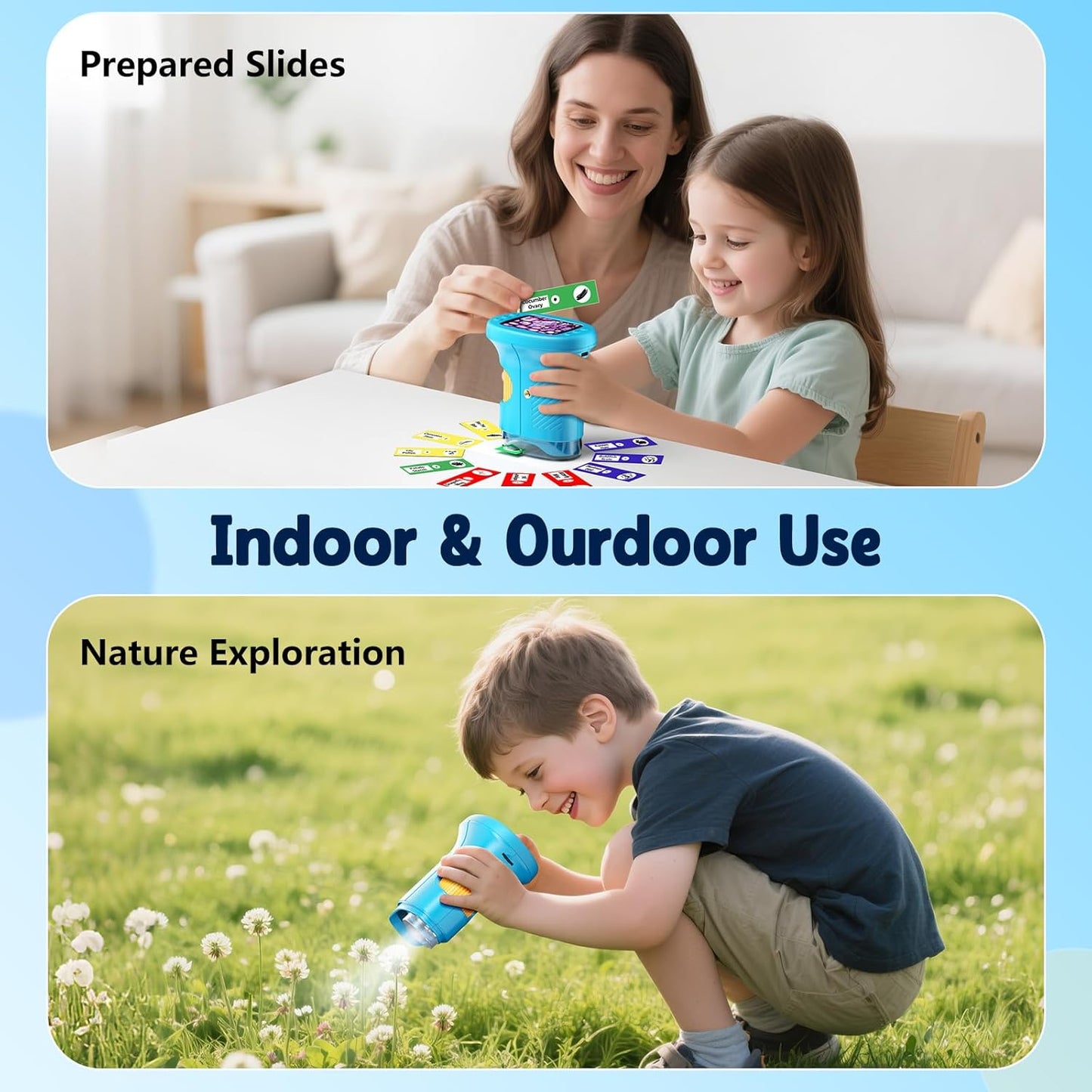 1000X Kids Handheld Digital Microscope – 4K 2.4" Screen with 12 Slides (Blue)