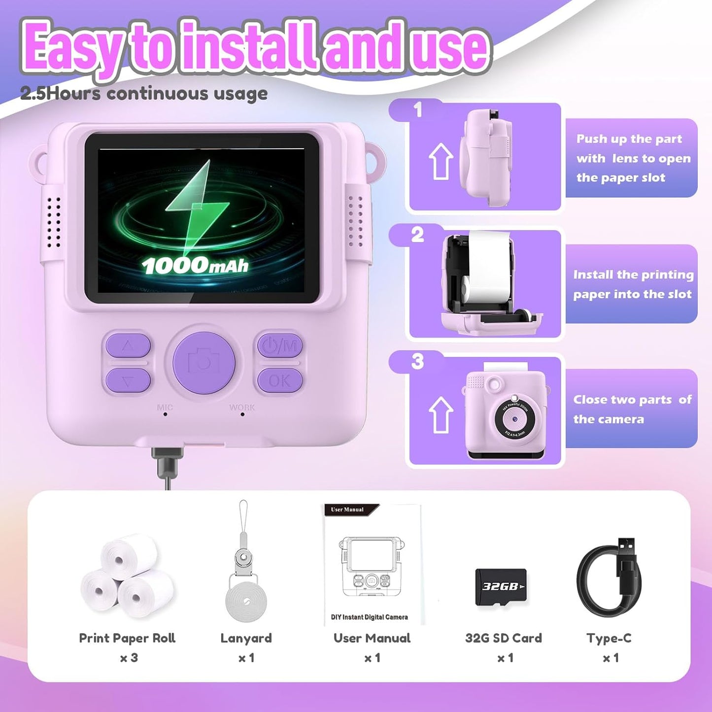 Kids Instant Print Camera – Digital Toy Camera with 32GB SD Card (Purple), Great Gift for Ages 3–12