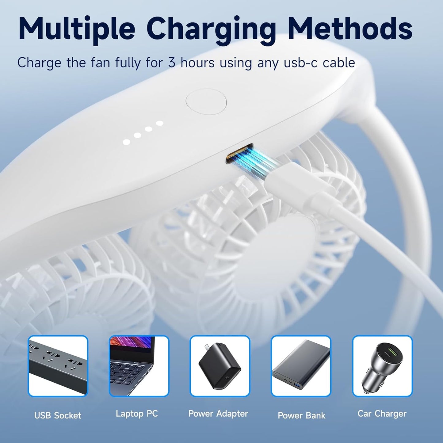 HandFan Rechargeable Neck Fan – 5000mAh Portable Fan with 6 Speeds & Flexible 360° Neck – White
