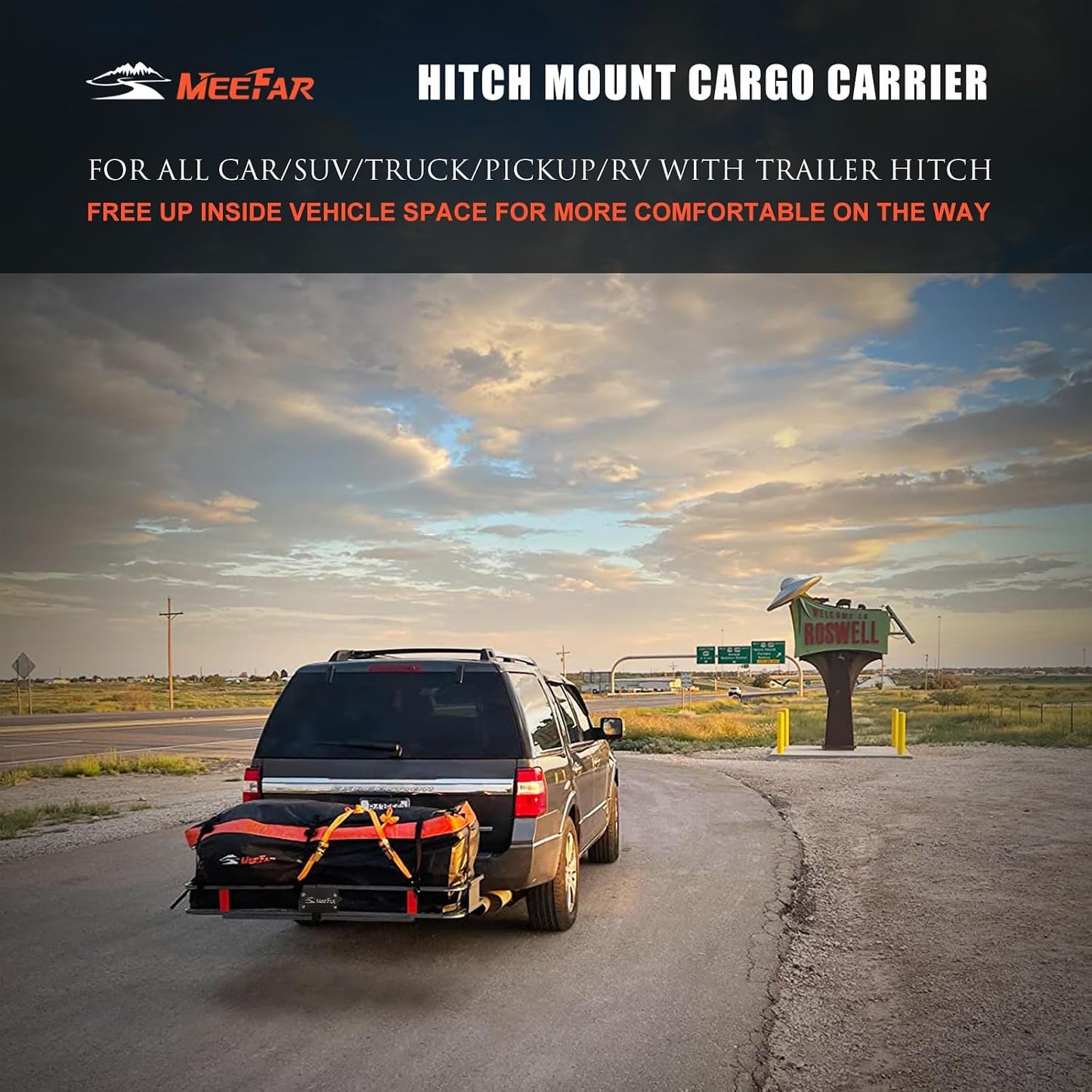 Folding Hitch Mount Cargo Carrier – 60" x 20" x 6" Basket with 16 Cu. Ft. Waterproof Bag, Cargo Net, Straps & Hitch Tightener, 500 lb Capacity