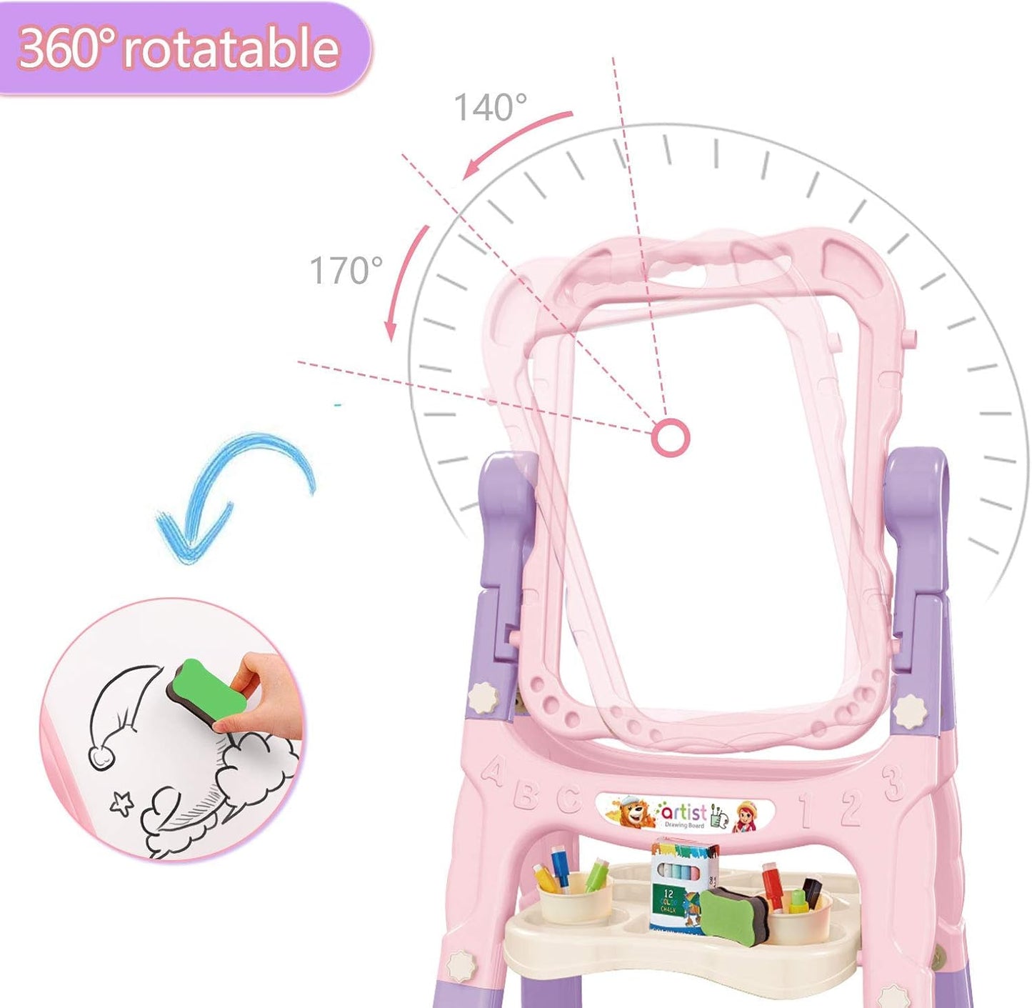 Kids Art Easel – Adjustable Double-Sided Rotating Easel with Painting Accessories (Pink)