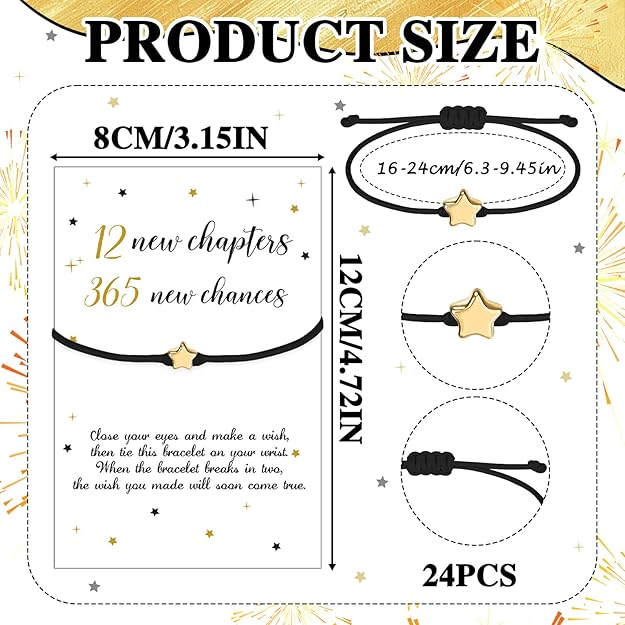 24 Sets New Year Bracelets - Adjustable Braided Star Bracelets with Wish Cards for 2026