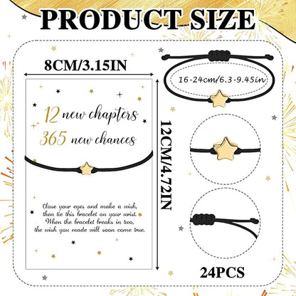 24 Sets New Year Bracelets - Adjustable Braided Star Bracelets with Wish Cards for 2026