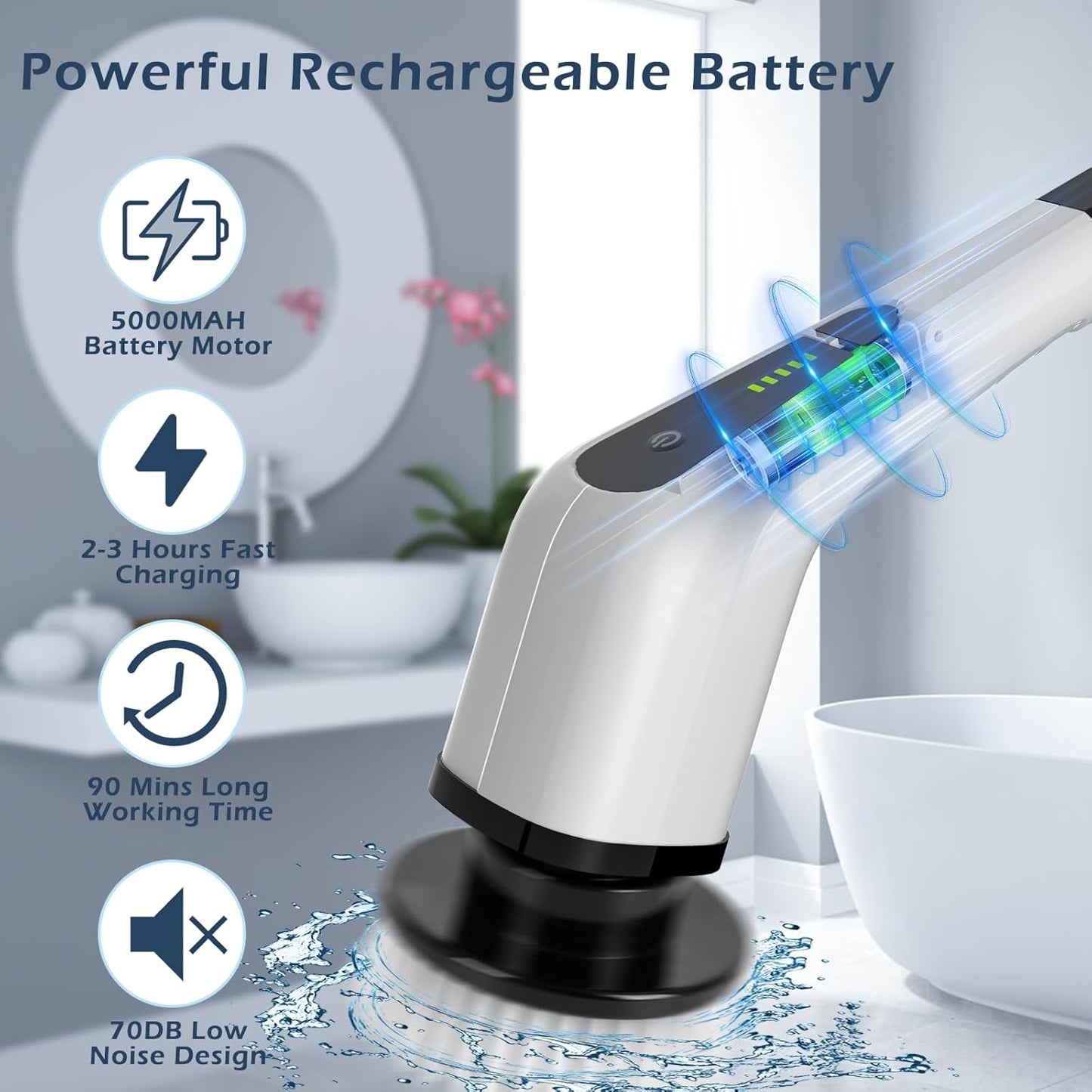 Cordless Electric Spin Scrubber with 8 Brush Heads – 90 Min Runtime, 3 Sizes, 2 Speeds