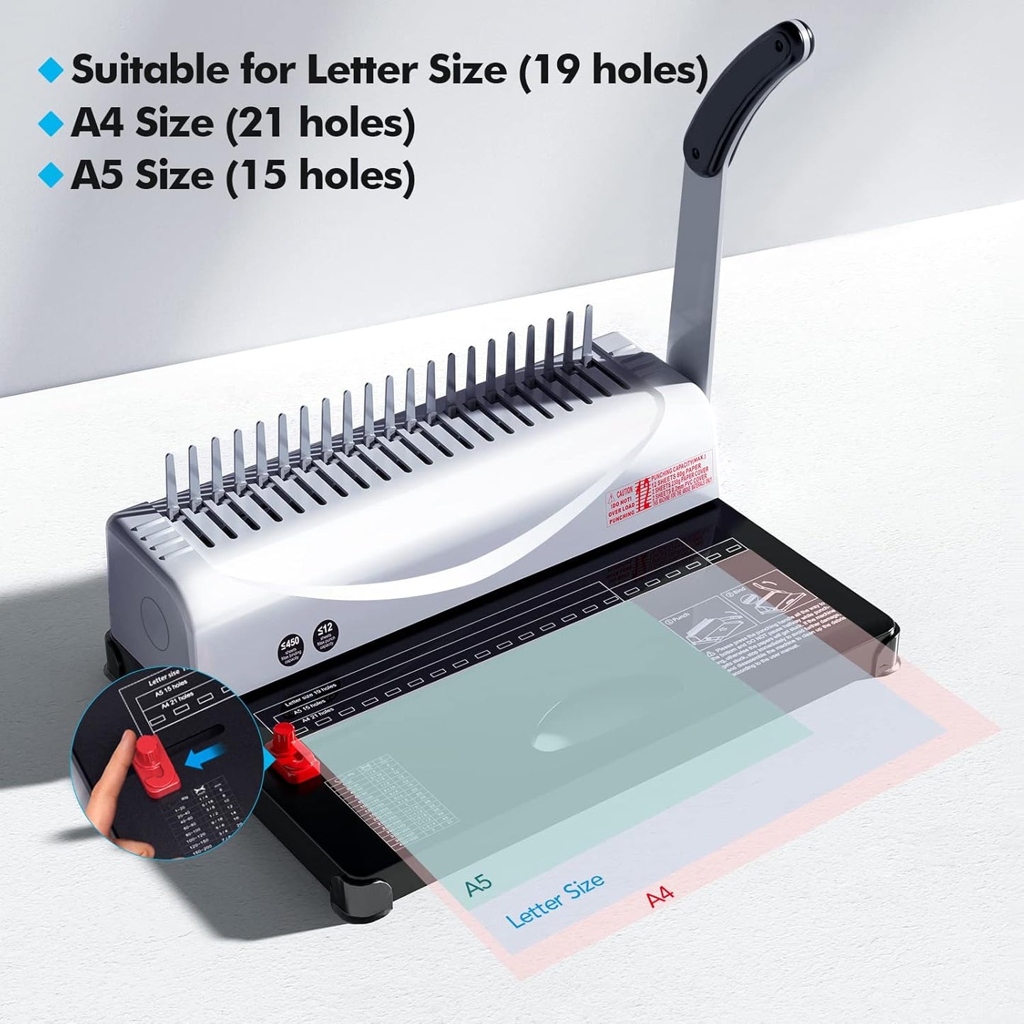 Binding Machine, 21-Hole, 450 Sheets with Comb Bindings, for Letter Size, A4, A5 Paper