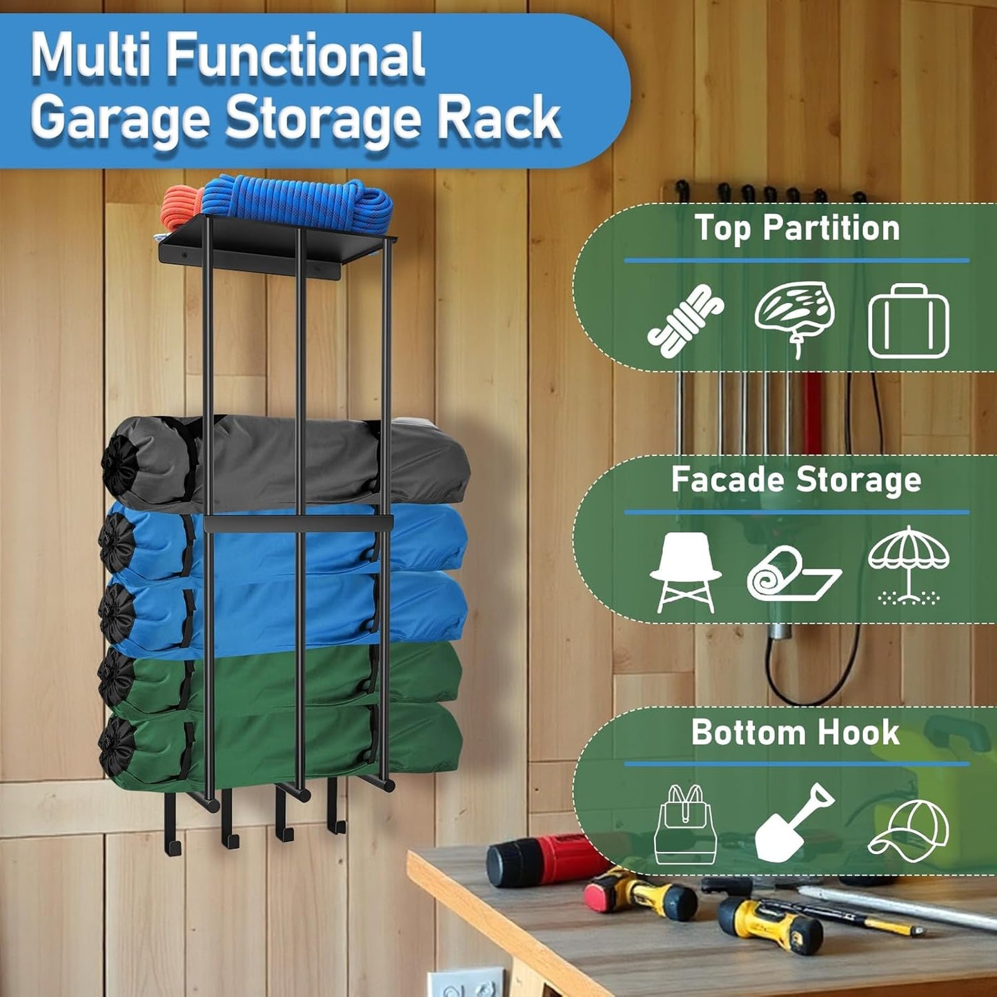 Camping Chair Wall Rack – Metal Wall-Mounted Storage for Beach Chairs & Umbrellas with Shelf & 4 Hooks – Black