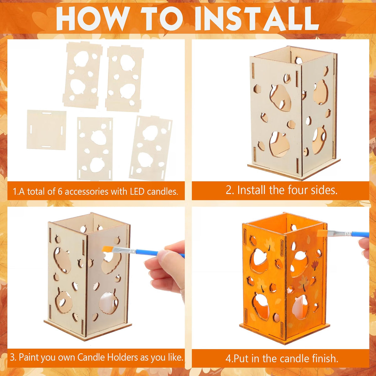 12-Set DIY Wooden Autumn Lantern Craft Kit – Fall Decorations with LED Candles for Kids & Thanksgiving Activities