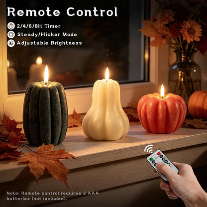 3-Piece Fall Pumpkin Flameless Candle Set – Real Wax LED Flickering Candles with Remote for Thanksgiving & Halloween Décor