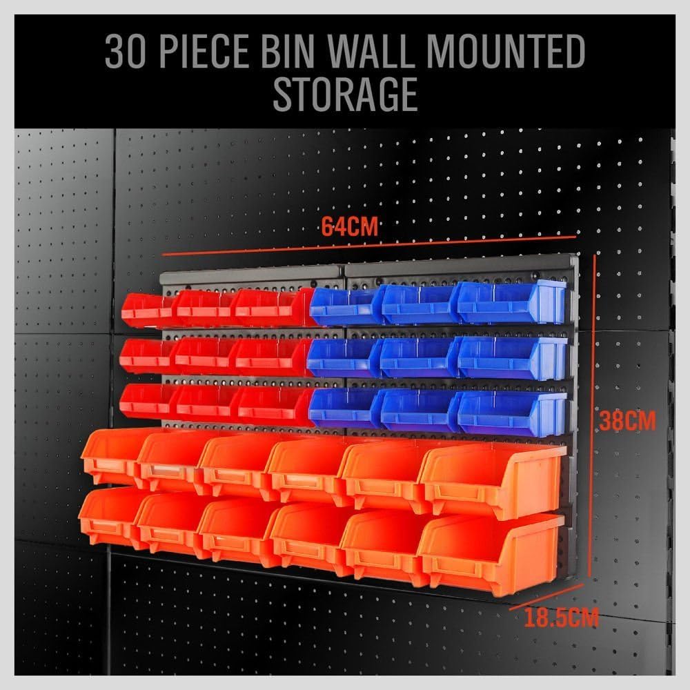 30PC Wall Mounted Storage Bin Rack – Garage Parts & Tool Organizer with Plastic Bins – Blue, Orange & Red