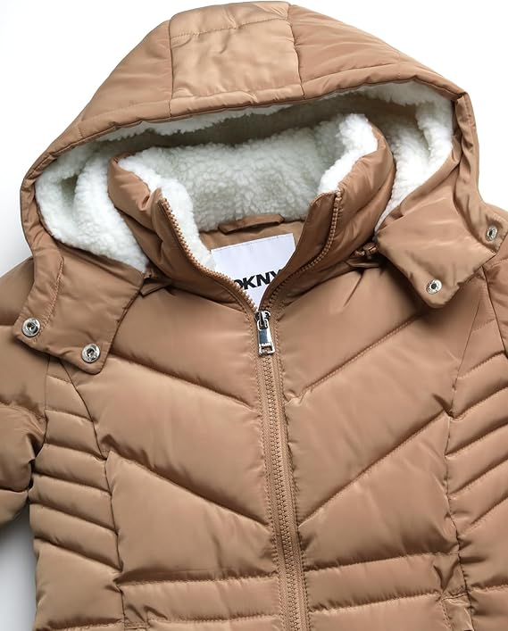 Girls’ Winter Jacket – Heavyweight Long Anorak Puffer Coat with Hood, Sherpa-Lined & Insulated (Toffee Beige, Size 4)