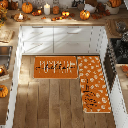 2-Piece Orange “Hello Pumpkin” Fall Kitchen Mat Set – 17" x 29" & 17" x 47" Autumn Floor Rugs