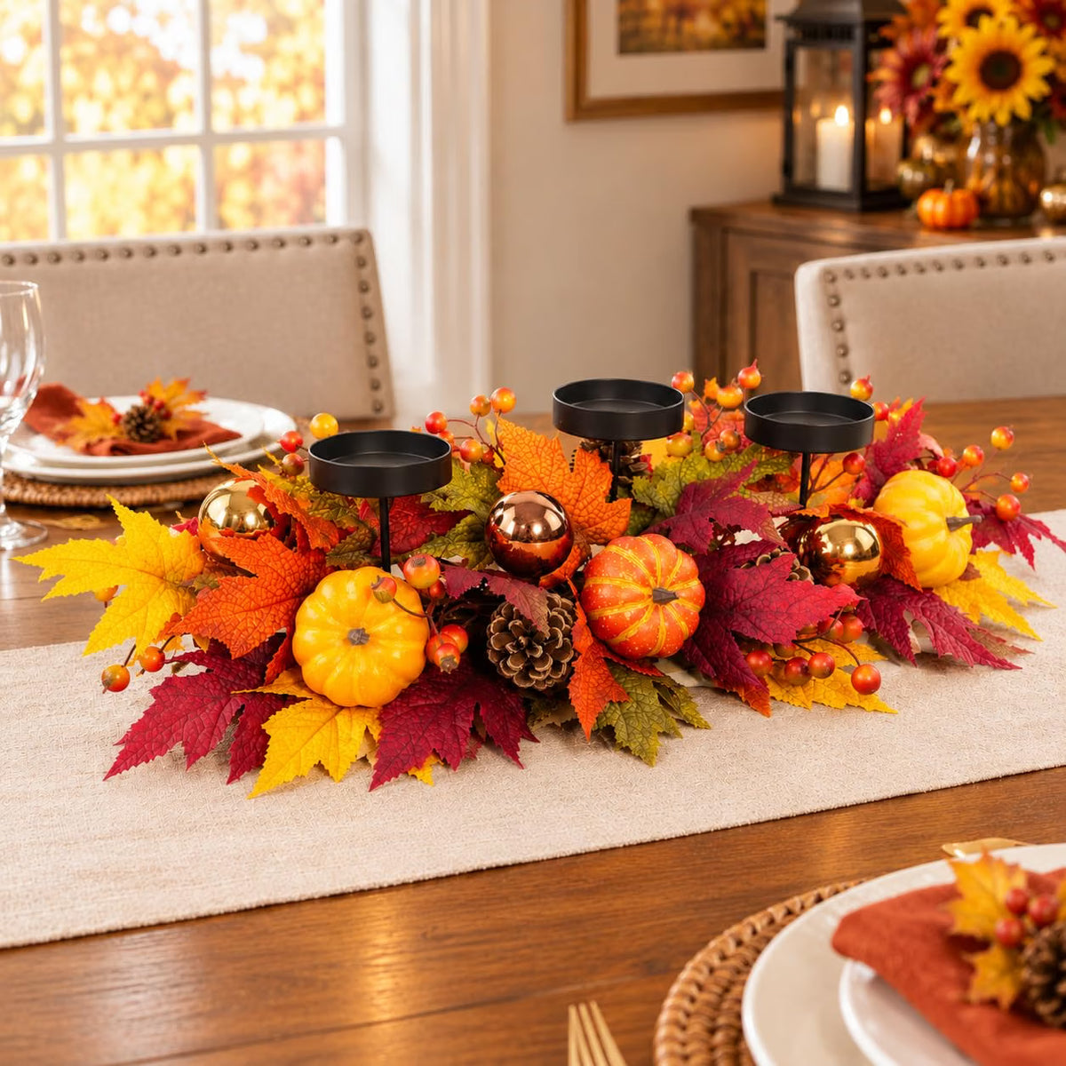 Fall Candle Holder Centerpiece – 3-Candle Thanksgiving Table Décor, 27.56-Inch Autumn Arrangement
