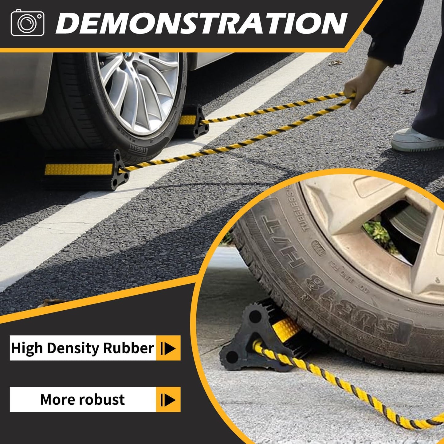 Rubber Wheel Chocks with Rope & Reflective Strips – 4 Pack for RVs, Trailers, Campers, Trucks, Cars & Boats