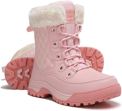 Women’s Non-Slip Insulated Snow Boots – Faux Fur Lace-Up Winter Shoes (Pink, Size 7)