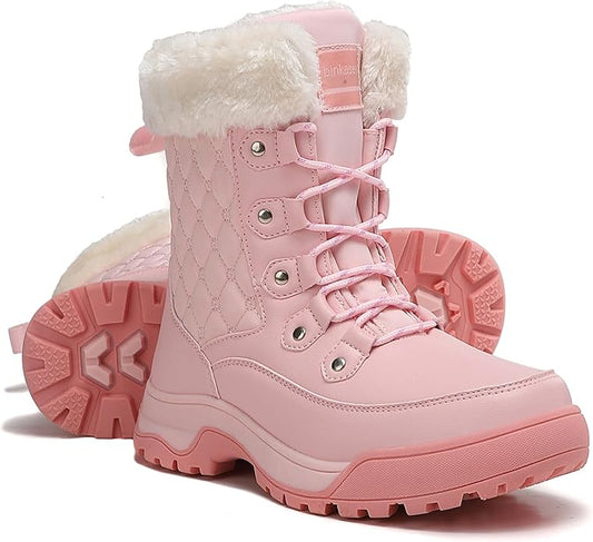 Women’s Non-Slip Insulated Snow Boots – Faux Fur Lace-Up Winter Shoes (Pink, Size 7)